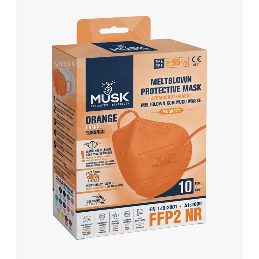 10 Stück orange FFP2-NR Atemschutzmasken MUSK mit CE2841 und FDA