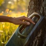 Hand entnimmt den Akku eines E-Bikes im Schatten eines Baumes an einem Sommertag