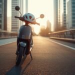 E-Scooter steht auf einem Radweg in der Stadt, ein Fahrradhelm hängt am Lenker