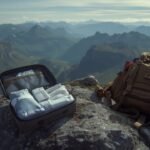 Erste-Hilfe-Set mit Rettungsdecke und Verbandsmaterial auf einem Felsen im Gebirge