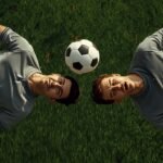 Zwei Fußballspieler springen bei einem Kopfball-Duell auf dem Rasen hoch