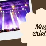 Ohr mit transparentem Musik-Ohrstöpsel, im Hintergrund eine bunte Festival-Bühne bei Abend
