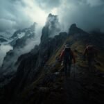 Dunkle Gewitterwolken über einem Berggrat, zwei Wanderer steigen ins Tal ab