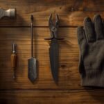 Aufgeräumte Werkbank mit Hammer, Schraubendreher, Zange, Cuttermesser und Schnittschutzhandschuh