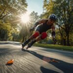 Inline-Skater mit Helm, Handgelenkschützern und Knieschonern auf einem Parkweg
