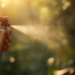 Mückenspray wird auf einen Unterarm gesprüht, tropische Vegetation im Hintergrund