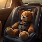 Moderner Kindersitz mit angeschnalltem Teddybär auf der Rückbank eines Autos