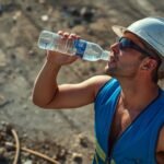 Bauarbeiter mit Kühlweste und Schutzhelm trinkt Wasser auf einer sonnigen Baustelle