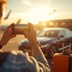 Reisender fotografiert mit dem Smartphone einen Mietwagen auf einem sonnigen Parkplatz