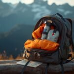 Wanderrucksack mit Notfallausrüstung wie Stirnlampe, Regenjacke und Erste-Hilfe-Set auf einer Holzbank