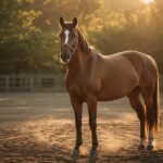 Reiterin mit Reithelm und Sicherheitsweste steht neben ihrem Pferd auf einem Reitplatz