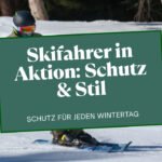 Skifahrer zieht eine Rückenprotektor-Weste an, Skipiste und Berge im Hintergrund