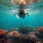 Schnorchler mit Maske und Schnorchel schwimmt über einem bunten Korallenriff im türkisblauen Wasser