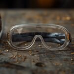 Transparente Schutzbrille liegt auf einem Werkstatttisch neben Bohrmaschine und Metallspänen