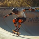 Skater mit Helm, Knieschonern und Handgelenkschützern fährt in einem Skatepark