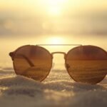 Hochwertige Sonnenbrille liegt auf hellem Sand am Strand mit Meer im Hintergrund