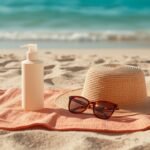 Sonnencreme, Sonnenhut und Sonnenbrille auf einem Strandtuch am Meer
