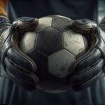 Torwart hält einen Fußball mit professionellen Torwarthandschuhen, Stadion im Hintergrund
