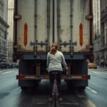 Radfahrerin wartet an einer Ampel sicher hinter einem großen Lkw im Stadtverkehr