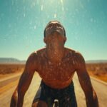 Rennradfahrer kühlt sich bei extremer Hitze mit Wasser aus der Trinkflasche