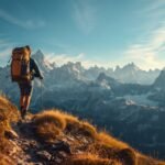 Wanderer mit großem Trekkingrucksack auf einem Bergweg mit Alpenpanorama