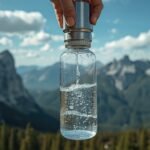 Outdoor-Wasserfilter füllt eine Trinkflasche an einem klaren Gebirgsbach