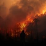 Waldbrand an einem trockenen Berghang bei Abendlicht mit Flammen, dichtem Rauch und der Silhouette eines Feuerwehrmanns