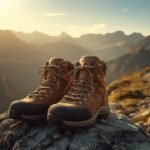 Robuste Wanderstiefel auf einem Felsen am Wanderweg mit Bergpanorama im Hintergrund