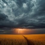 Dunkle Gewitterwolken mit fernem Blitz ziehen über eine sommerliche Landschaft