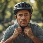 Erwachsener Radfahrer setzt einen modernen Fahrradhelm auf und schließt den Kinnriemen