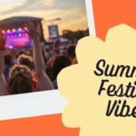 Fröhliche Menschenmenge auf einem Sommer-Festival bei Sonnenuntergang vor der Bühne