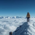 Bergsteiger auf einem verschneiten Grat in großer Höhe vor tiefblauem Himmel