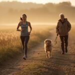 Läuferin auf einem Feldweg begegnet einem Hund an der Leine mit Spaziergänger
