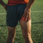Fußballspieler greift sich an die schmerzende Rückseite des Oberschenkels auf dem Spielfeld
