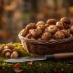 Korb mit frisch gesammelten Steinpilzen und Pilzmesser auf moosbewachsenem Waldboden
