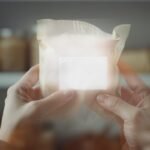 Hände prüfen im Supermarkt die Verpackung und Charge eines Lebensmittels