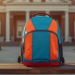 Ergonomischer Schulranzen mit orangefarbenen Reflexflächen auf einer Bank vor einer Schule