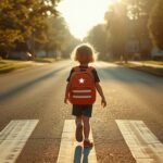 Grundschulkind mit Schulranzen und Reflektoren überquert die Straße am Zebrastreifen