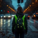 Fußgängerin mit reflektierender Weste an einer Ampel, Reflektoren leuchten im Scheinwerferlicht