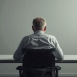 Person sitzt ermüdet am Schreibtisch im Büro, im Hintergrund ein Stehschreibtisch