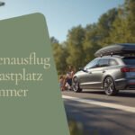 Vollbeladenes Familienauto mit Dachbox macht Pause auf einer Autobahnraststätte