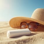 Sonnenhut, Sonnenbrille und Sonnencreme auf sandigem Untergrund bei strahlender Sonne