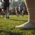 Sportgruppe beim Aufwärmen mit Balance- und Beinkraftübungen auf dem Rasenplatz