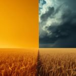 Landschaft an der Wettergrenze: heißer Sonnenhimmel und heranziehende Gewitterfront