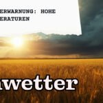 Heiße Sommerlandschaft mit greller Sonne und dunkler Gewitterwolkenwand am Horizont