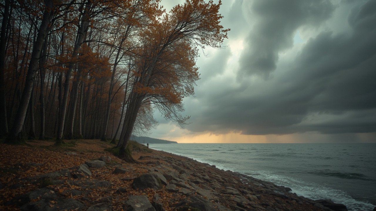 Windige Herbstlandschaft mit ziehenden Wolken und aufgewirbeltem Laub, im Hintergrund helleres Wetter