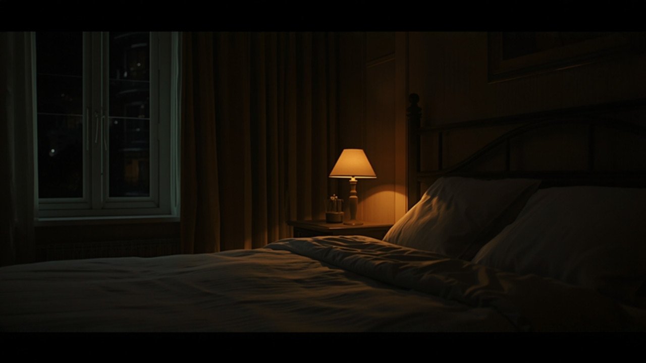 Dunkles Schlafzimmer bei Nacht mit gedämpfter Nachttischlampe und schwachem Straßenlicht am Fenster