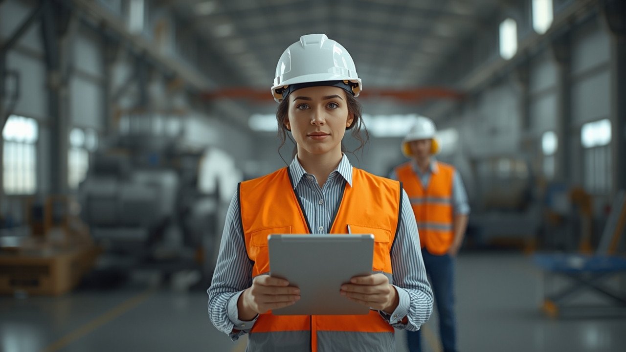 Fachkraft für Arbeitssicherheit mit Warnweste und Helm bei einer Begehung in einer Werkhalle