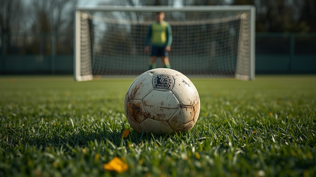 Amateur-Fußballplatz mit Ball, Schienbeinschonern und Schuhen im Fokus, Torhüter im Hintergrund
