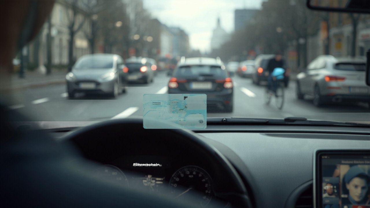 Stadtverkehr mit Armaturenbrett, Führerschein-Karte und Smartphone im Vordergrund